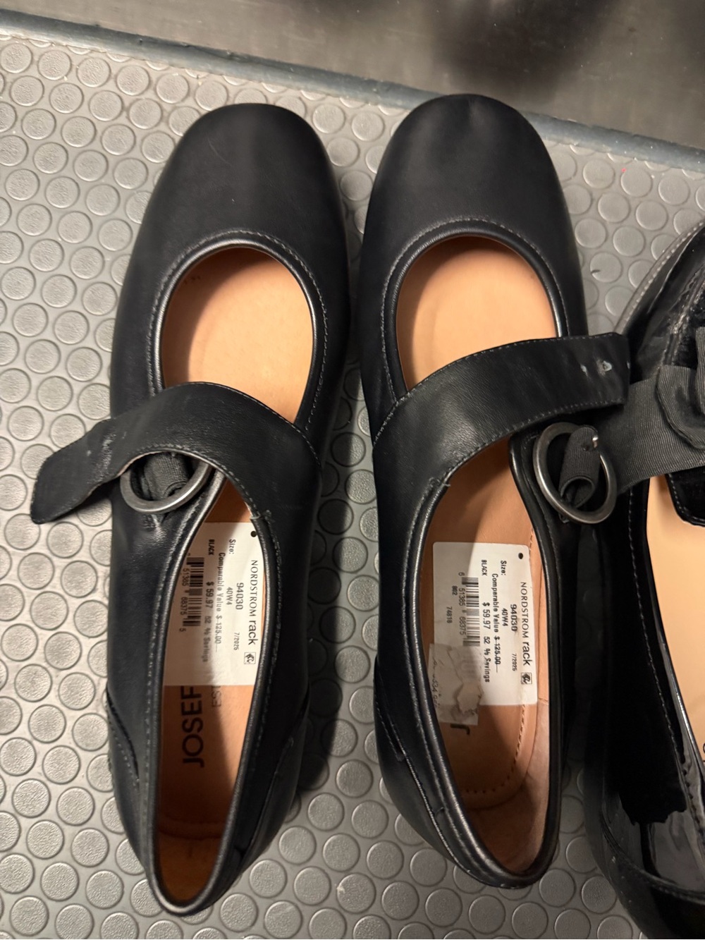 Josef Seibel Black Leather Mary Jane Flats with Round Buckle